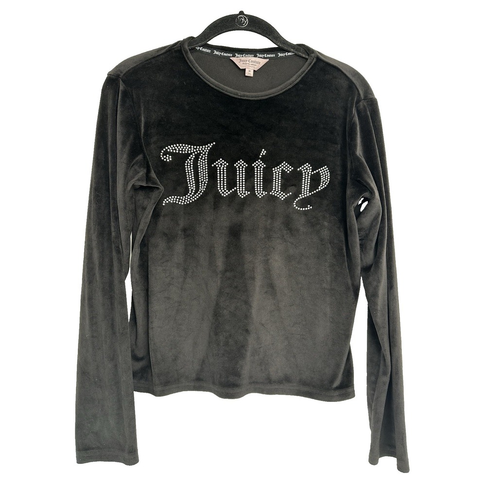 Juicy Couture Top Size Medium Black Rhinestone Logo Y2K Velour Glam Bling